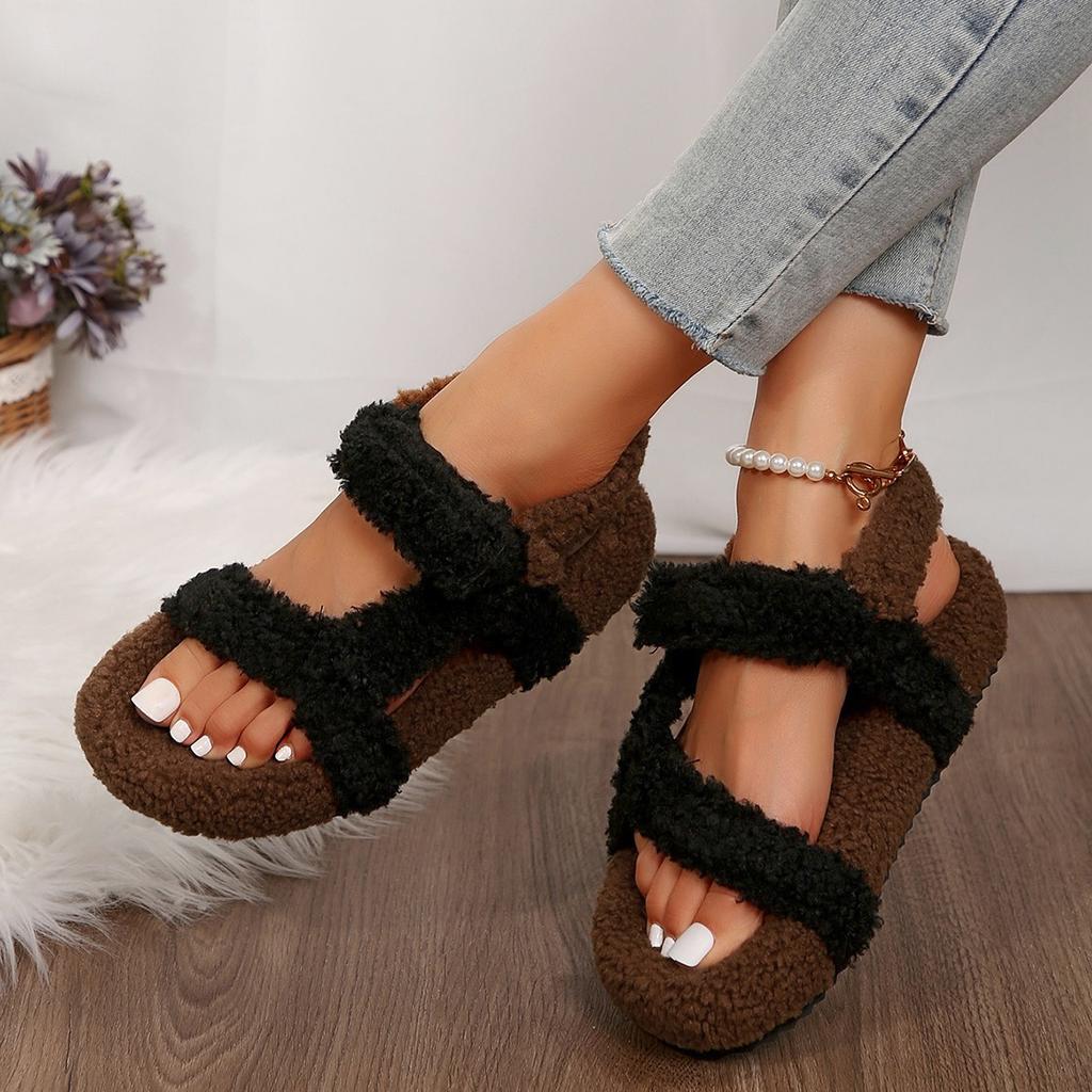 Comfortable Fluffy Slippers for Women Indoor Shoes Thick Flat Bottom Lightweight Short Plush Sandals Autumn Winter Women's Shoes