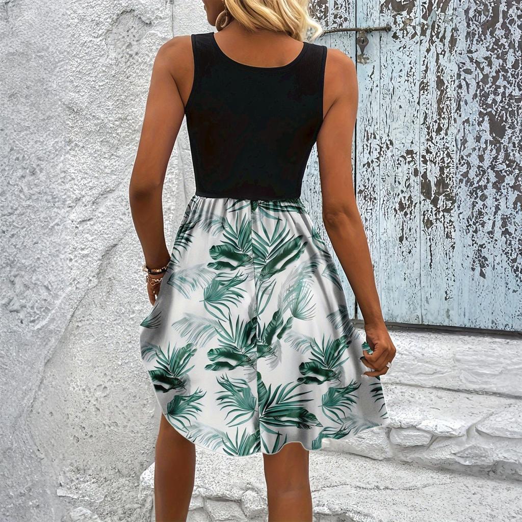 Women's Fashionable Retro Printed Color Blocked Vest Casual Dress