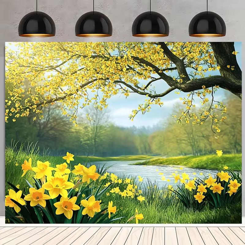 2D Printed Spring Forest & River Backdrop, Yellow Flower Scenery Photo Background for Photoshoot