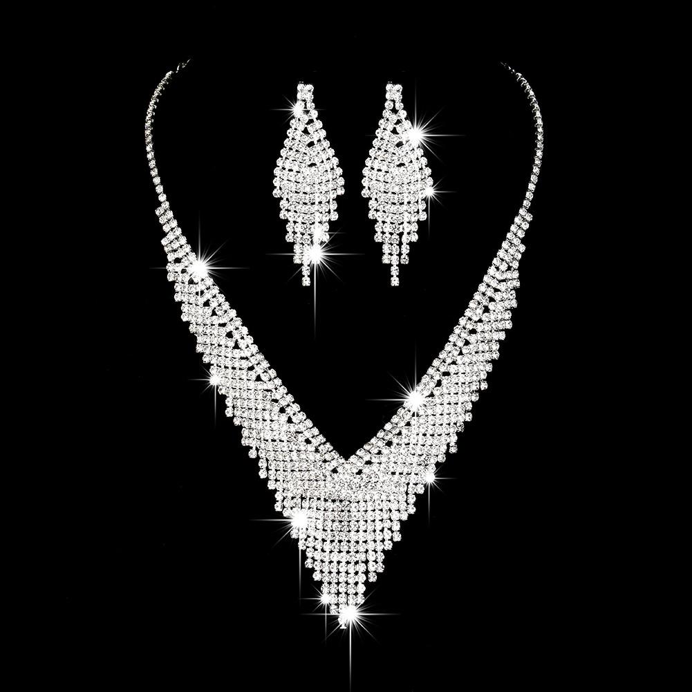 Роскошные V-образные ювелирные изделия, ожерелье со стразами, комплект серег с покрытием, серебряный комплект из двух предметов, аксессуары для праздничного платья для девочек белый