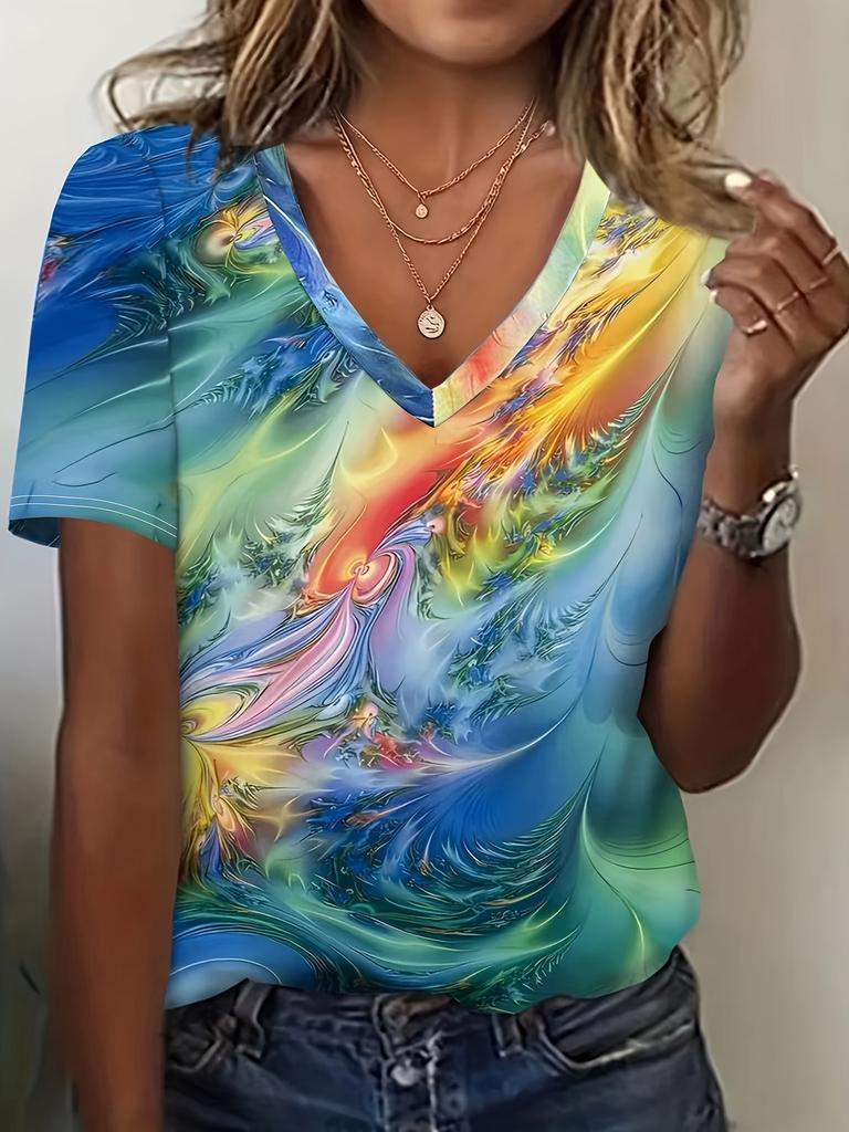 3D Printed Short-sleeved Colorful Printed Women's V-neck T-shirt Summer Literary Loose Women's Casual Short-sleeved Top