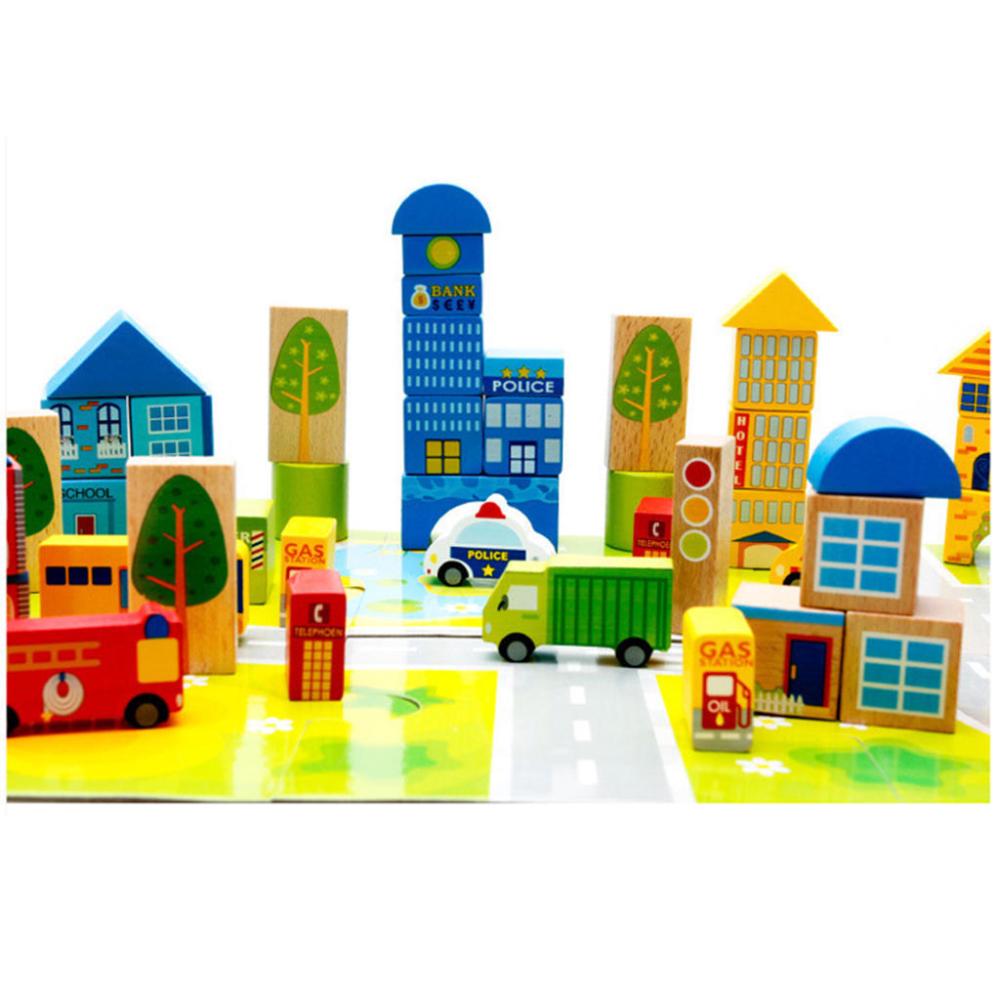 62-Piece Wood City Traffic Building Blocks