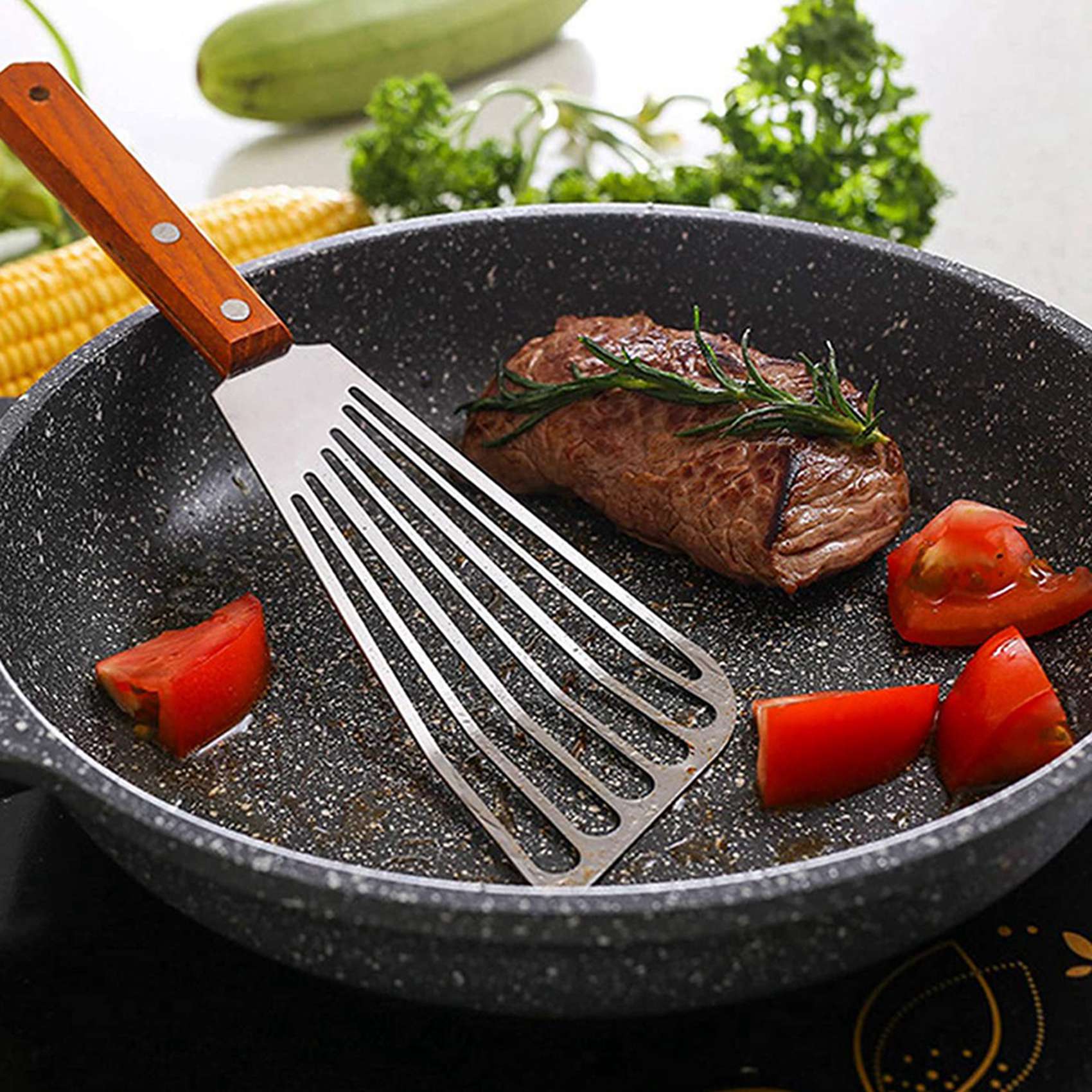 Premium-3X Stainless Steel Fish Spatula Turner, Wood Handle Fish Spatula, Slotted Turner, Kitchen Metal Spatula серебряный
