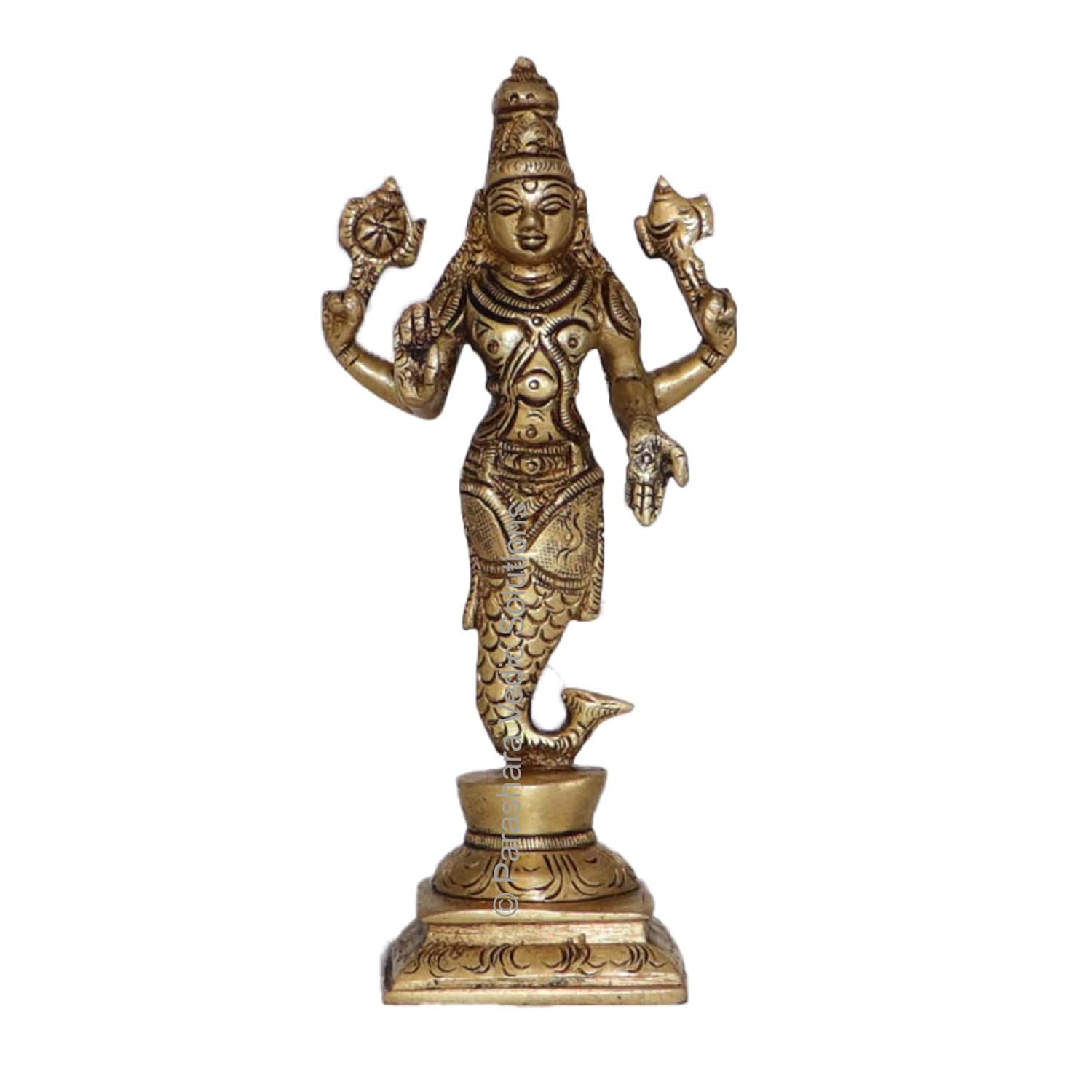 Pure Brass Matsya, Matasya Idol, Petal Vishnu Matsya Avatar Statue - 15.2 Cm