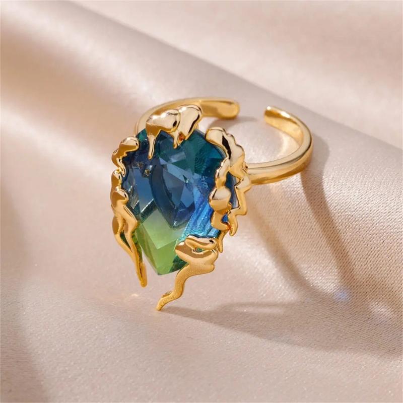 Elegant Flame Shaped Teardrop Ring Blue To Green Gradient Cubic Zirconia Stones Adjustable 17.7mm Opening