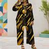 Women Plus Size Black Gold Silver Printed Round Neck Long Sleeve Top Wide Leg Pants Two Piece Set