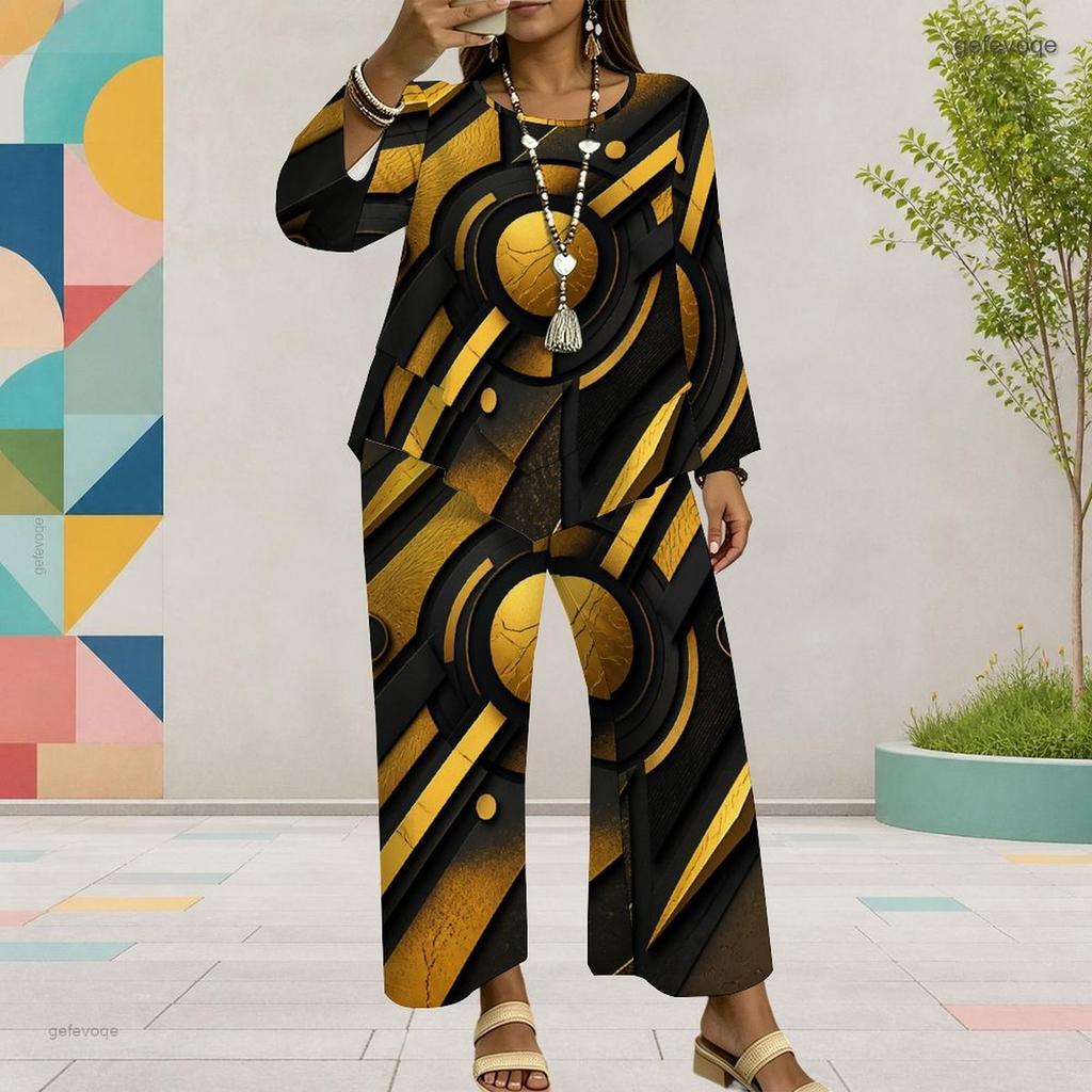 Women Plus Size Black Gold Silver Printed Round Neck Long Sleeve Top Wide Leg Pants Two Piece Set