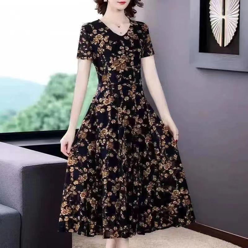 Stylish Plus Size Korean Floral Dress for Middle-Aged Women
