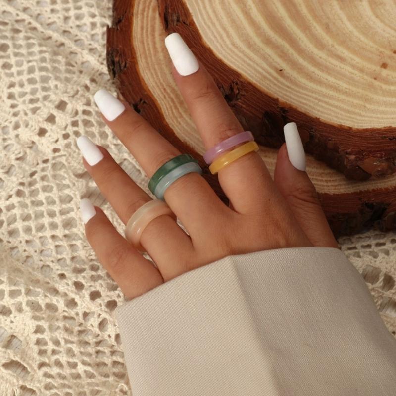 6pcs Set Korean Vintage Resin Rings Geometric Colorful Round Rings for Women Girls Simple Jewelry Gift Women Ring