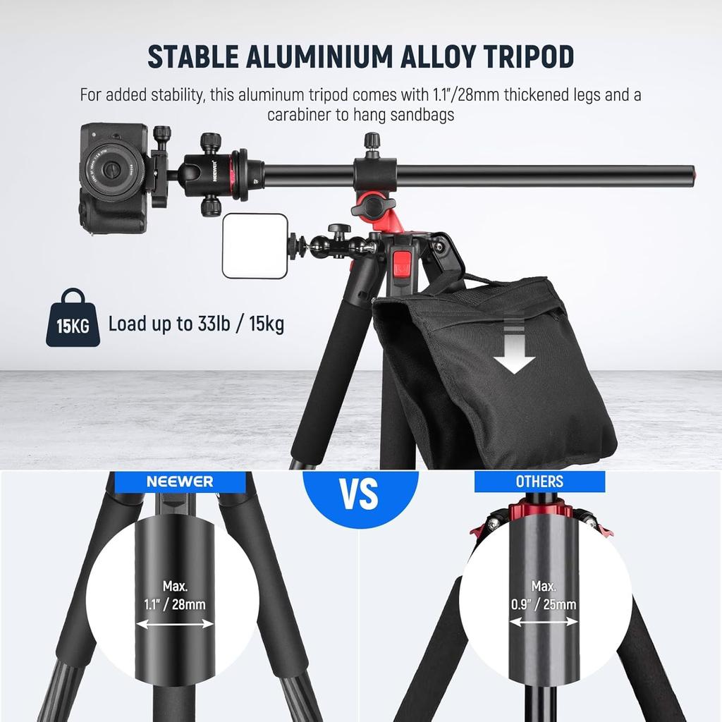 NEEWER Camera Tripod Aluminum Center Type QR Horizontal Overhead Camera Overhead Suitable for DSLR Load Capacity 15kg Monopod, 200cm, Alloy,