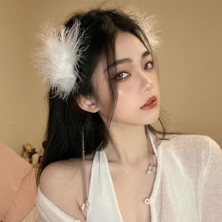 Feather Headband with Tassel White Feather Hair Hoop Headwear for Women