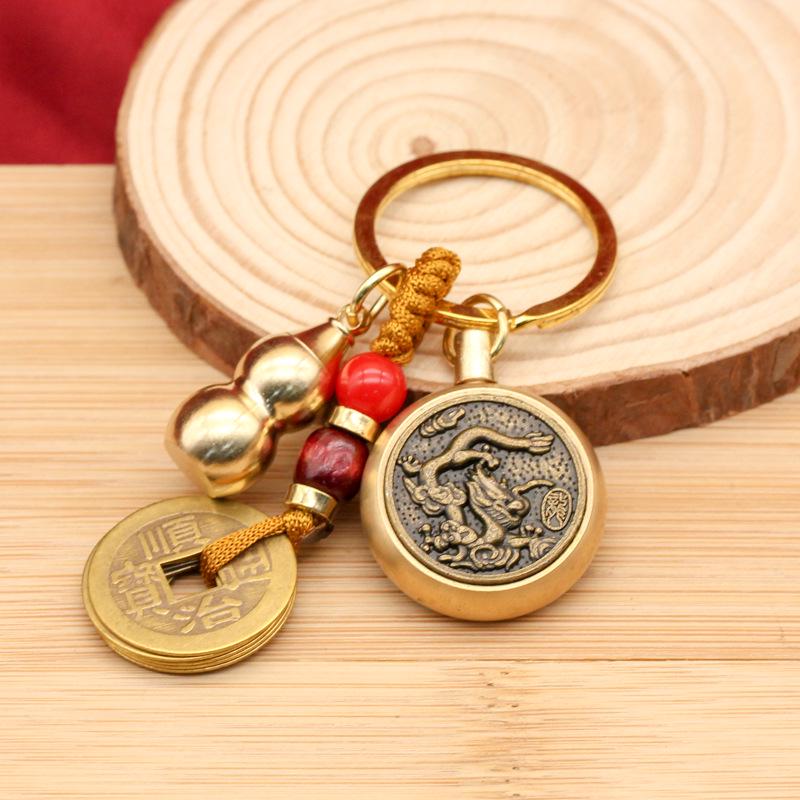Rotating Brass Zodiac Signs Vermilion Gourd Keychain for Wealth & Treasures