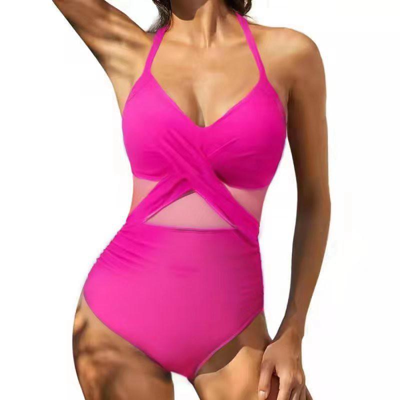 One-piece Swimsuit Cross-piece Sexy Backless Mesh Splicing Bikini Women