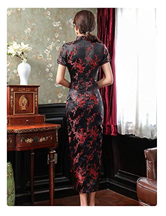 TRTRO Long Cheongsam Dress with Embroidered Ethnic Elegant Upgrade Plum Blossom Print In Size Women's Pattern, Fashion, (Red Black, S)