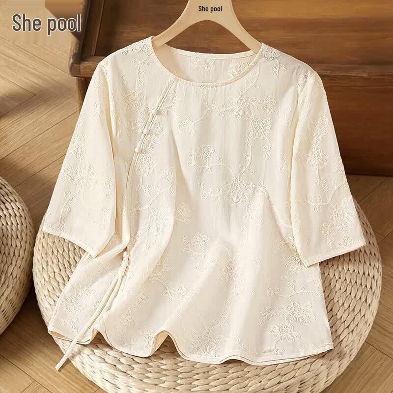 Women s New Chinese Style Jacquard Loose Short Sleeve Shirt One Size