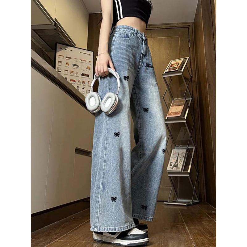 New American Style Jeans for Women Trendy Versatile High-waisted Slimming Loose Flesh-covering Straight Wide-leg Casual Trousers