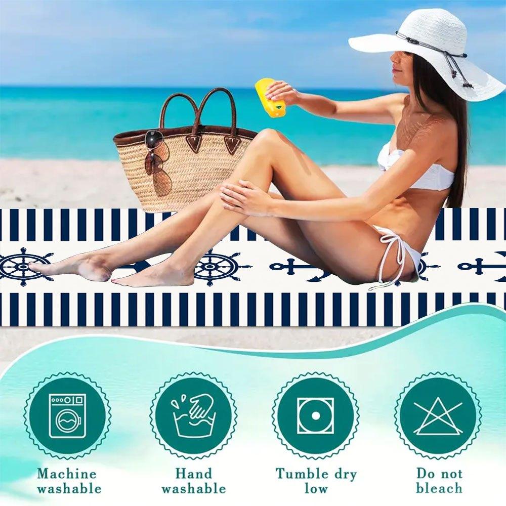 1pc of Navy Blue Striped Beach Towel Featuring an Anchor And Steering Wheel Design, It Has a Classic Nautical Style with