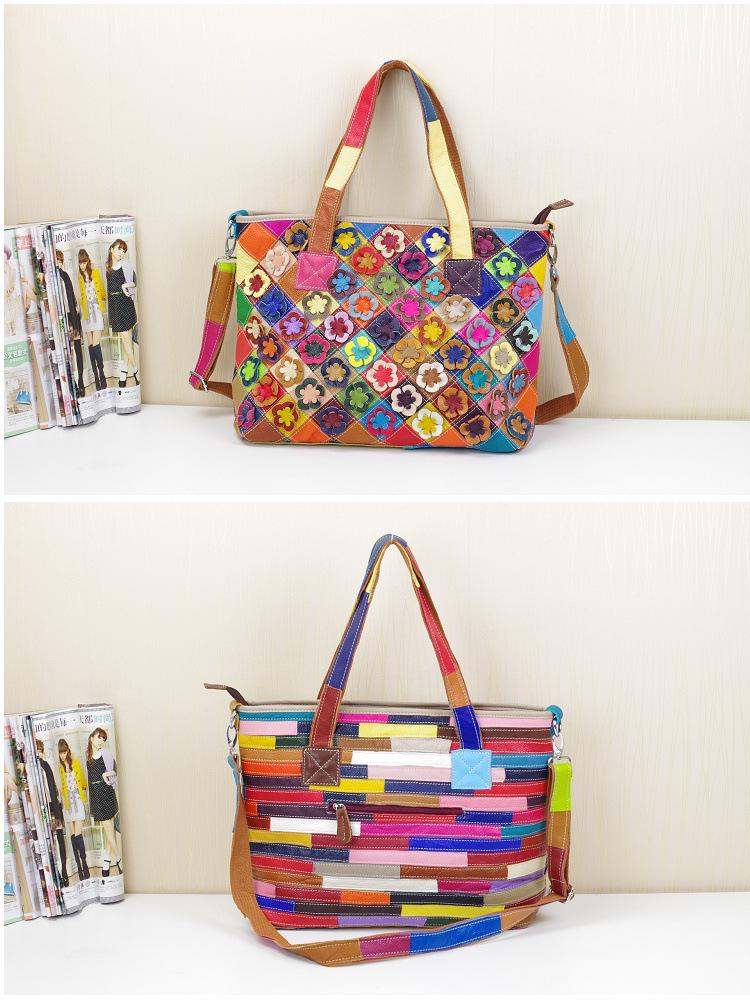 New Genuine Leather Ethnic Style Color Block Shoulder Tote Bag for Women