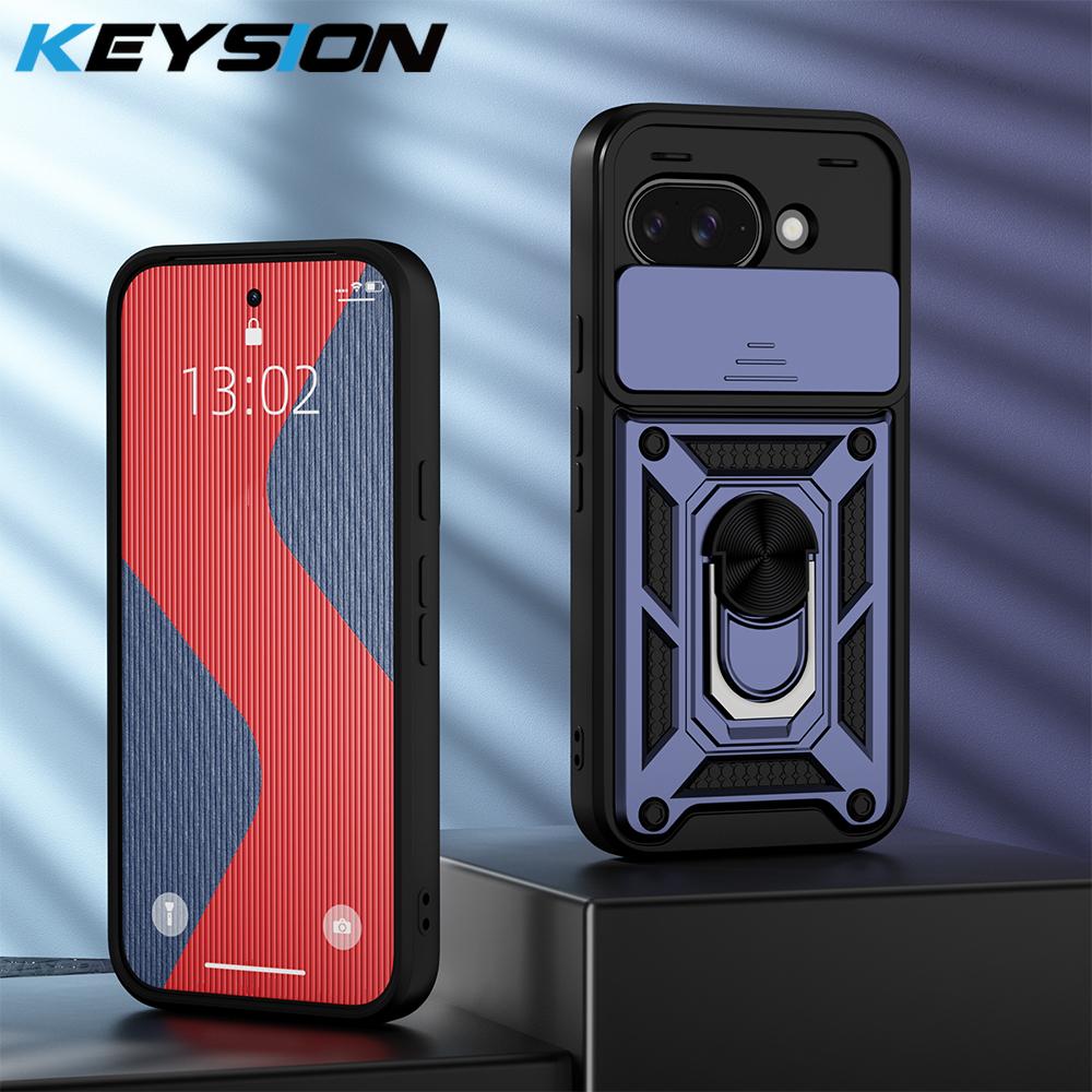 KEYSION Shockproof Armor Case for Google Pixel 9A Silicone+PC Slide Camera Lens Protection Ring Stand Phone Cover for Pixel 9A