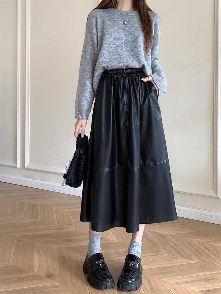 2024 Autumn/Winter PU Leather Midi Skirt - Versatile Fashion with Elastic Waist and Umbrella Design.