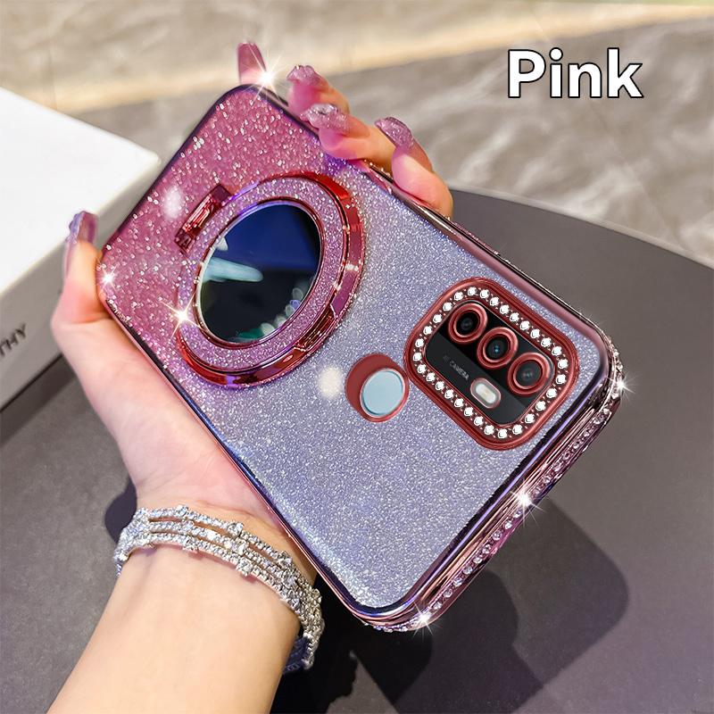 Women Girl's Diamond Make Up Mirror Phone Case For OPPO A32 A35 A38 A53 2020 A54 A57 A60 A74 Holder Plating Soft Silicone Cover