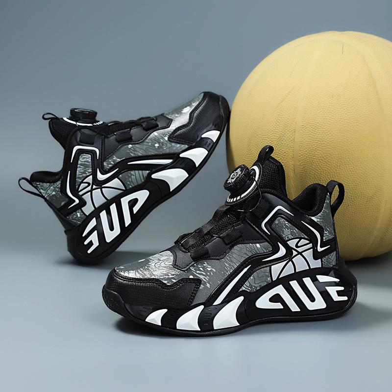 Children's Basketball Shoes Autumn and Winter New Leather Waterproof Boys' Shoes Button Sports Shoes Velvet Warm Large Cotton Cotton Shoes