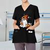 Women's V-neck Halloween Printed Short-sleeved Pocket Side-slit Protective Suit Top