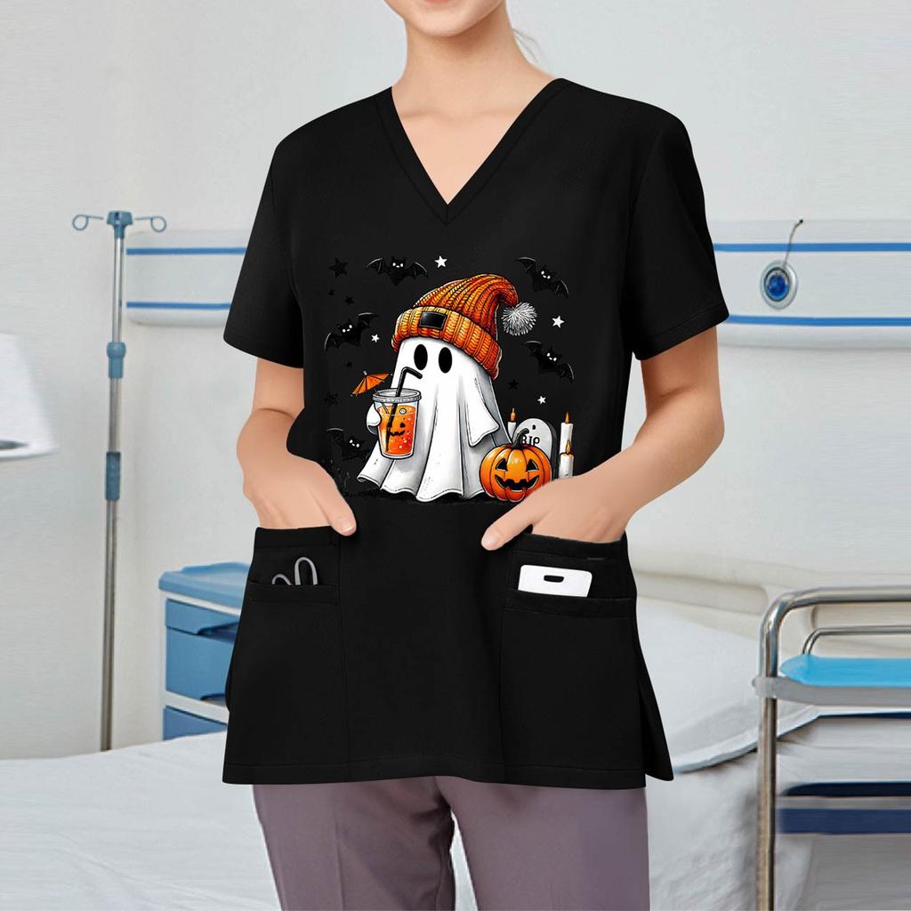 Women's V-neck Halloween Printed Short-sleeved Pocket Side-slit Protective Suit Top