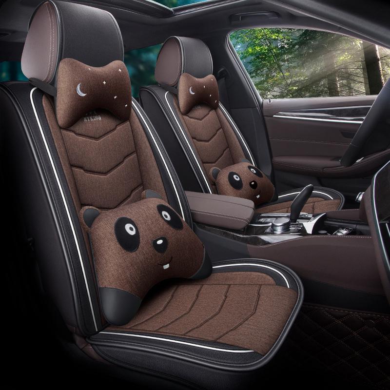 Full Coverage Linen Cartoon Panda Car Seat Cushion - Universal Fit, 2020