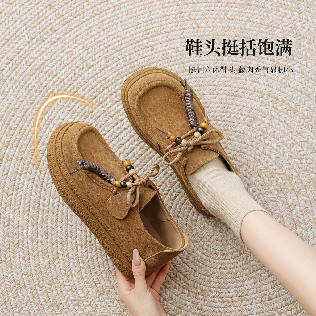 [Cow Anti Velvet] Thick soled Boken Shoes for Women 2025 Autumn New Vintage Beaded Height Increasing Casual Kangaroo Shoes