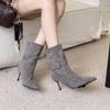 2025 Autumn and Winter New Pointed Thin Heel High Heel Suede Temperament French Fashion Sexy Beautiful Women Short Boots