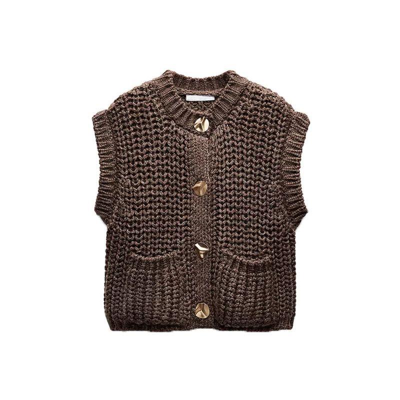 Fall and Winter New Women's Clothing Fashion Style Single Breasted Thick Needle Sleeveless round Neck Knitting Vest Waistcoat 5802114
