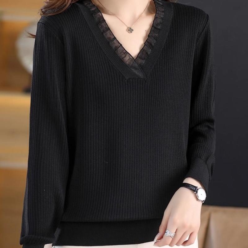 Moda de Primavera y Otoño Encaje Cuello en V Manga Larga Suéter de Punto Suéter Fino Top Camiseta Base para Mujer