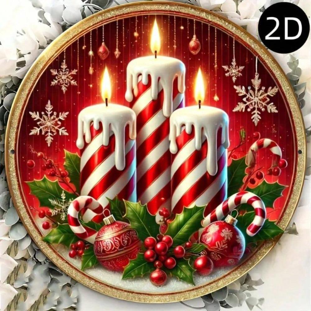 2D Flat Metal Tin Sign Merry Christmas Wall Art with Holly Berries Candles Home Office Cafe Decor