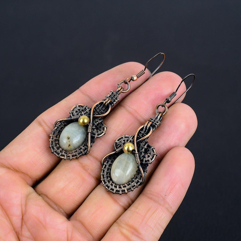 Aquamarine 999 Copper Wire Wrapped Earrings, Handmade Gemstone Earrings Jewelry, Gifts For Wife Brand New Earrings