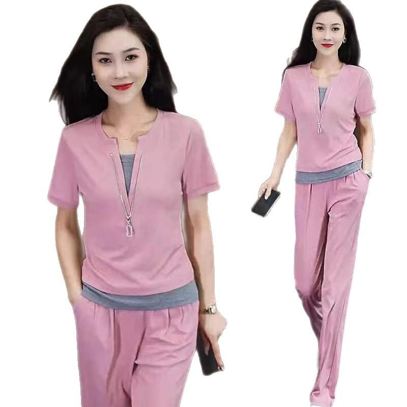 Short Sleeve Casual Sportssuit Women's Summer New Fashion Age-reducing Holiday Two-piece Top Straight-leg Pants Two-piece Set