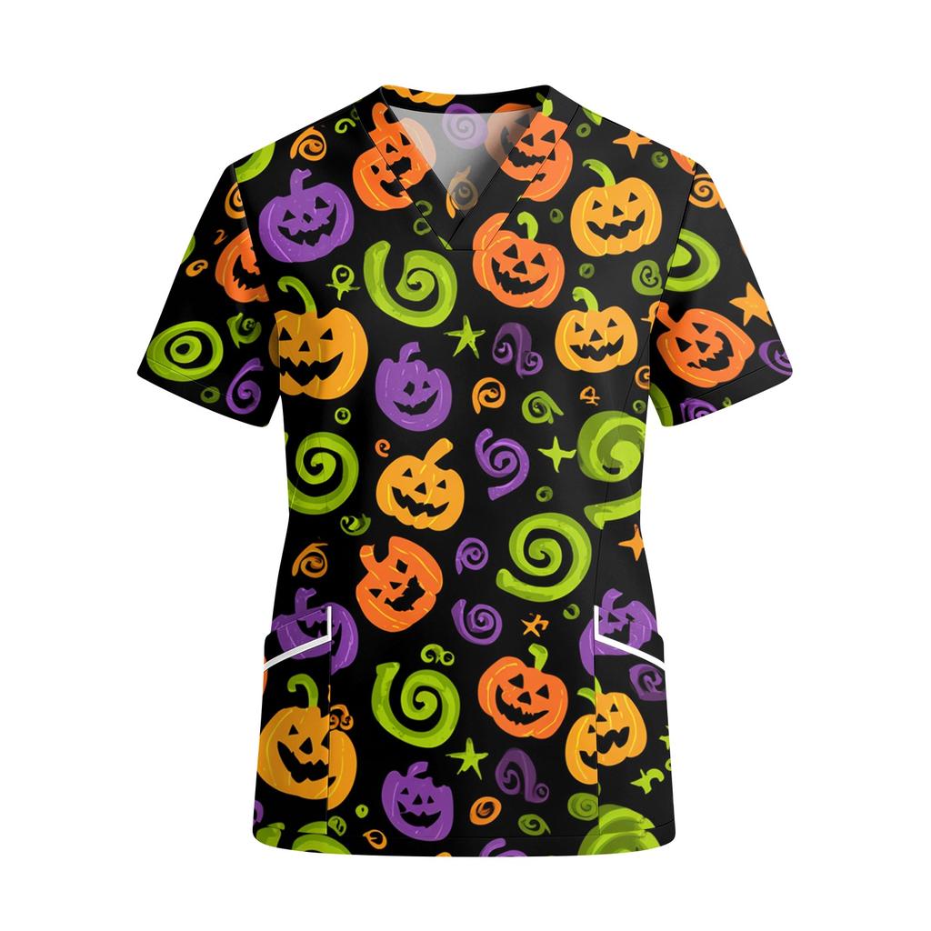 Women's Fashion V Neck Short Sleeve Work Shirt with Pockets Halloween Themed Print Top Suitable for Professional and Casual Wear