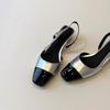 Soft Leather Edition~ French Black Low Heel Commuter Sandals Women's Fashion Casual Square Head Back Empty Leather Splicing Baotou Shoes