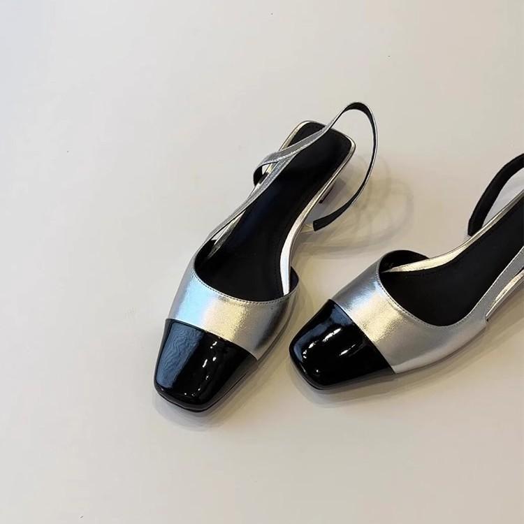 Soft Leather Edition~ French Black Low Heel Commuter Sandals Women's Fashion Casual Square Head Back Empty Leather Splicing Baotou Shoes