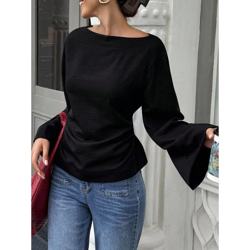 TIFICY Women's Fashion Casual Spring Autumn Solid Color Print Long Sleeve One shoulder Blouses & Shirts