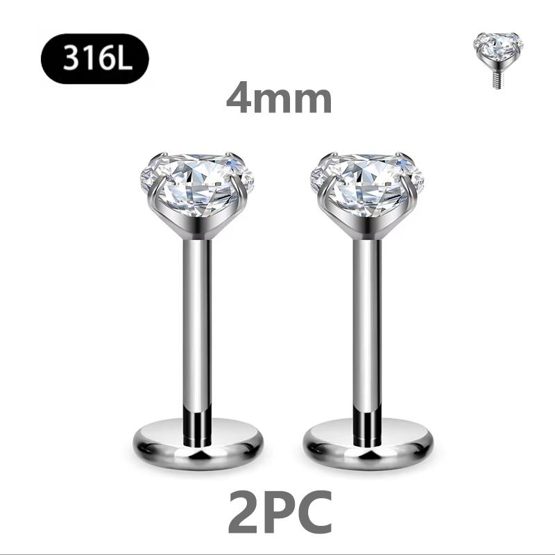 2/4PC Labret Tragus Stud Earrings 16G Surgical Stainless Steel CZ Crystal Monroe Helix Cartialge Conch Medusa Lip Body Piercing