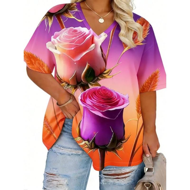 Summer Women's Daily Printed V-neck Short-sleeved T-shirt