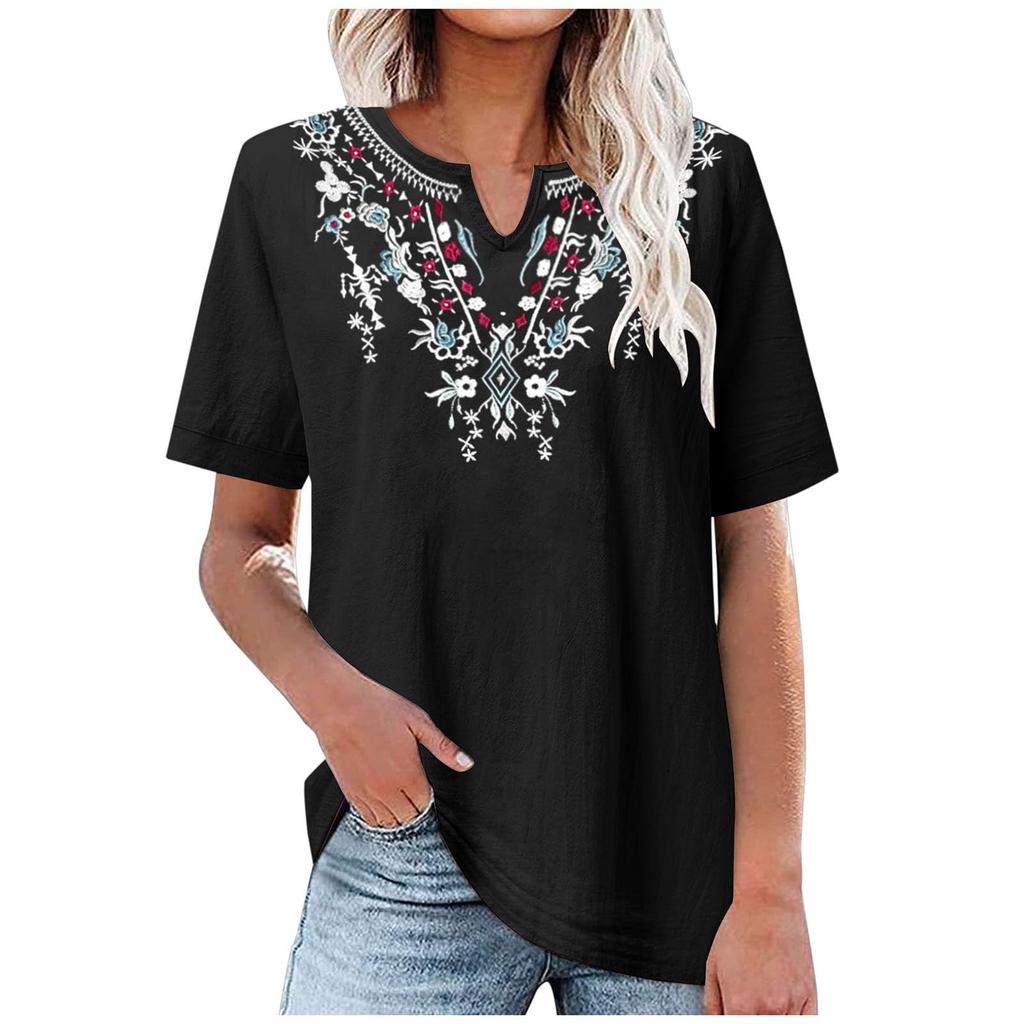 Cotton And Linen Embroidered Shirt V-Neck Color Women's Artistic Loose Fitting Short Sleeved Summer
