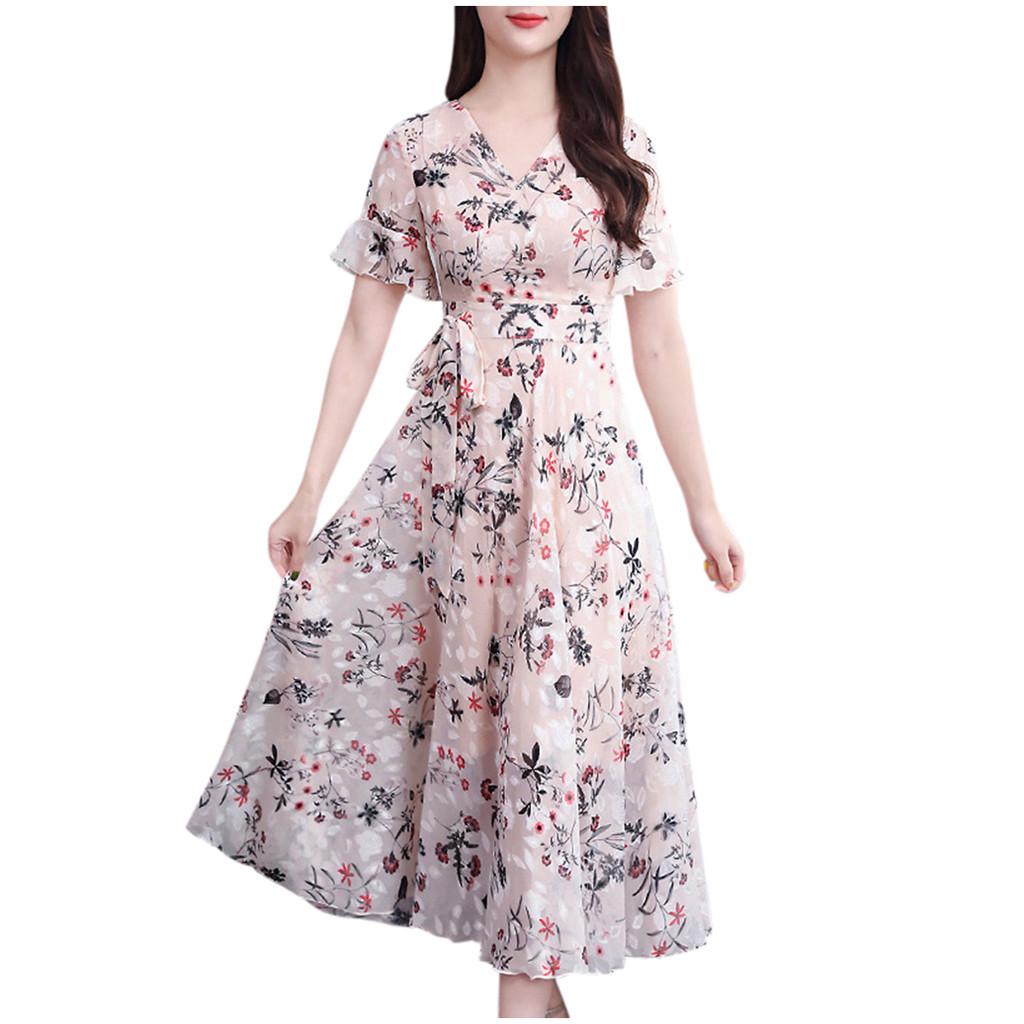 

(SU)Женское повседневное пляжное платье с V-образным вырезом и цветочным принтом с коротким рукавом