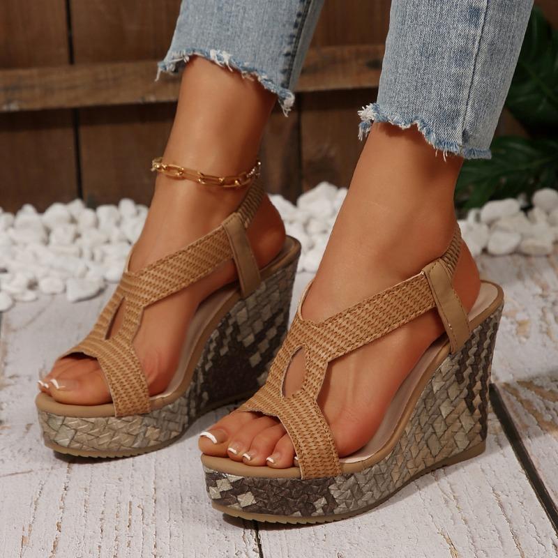 Summer New Fish Mouth Hollow Elastic Sandals Water Table Thick-soled Women's Woven Thick-soled Wedge Heel Sandals Women