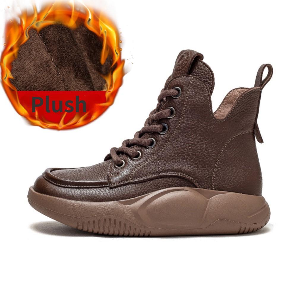 Johnature Γυναικείες μπότες Γνήσιο δέρμα Χειμερινά κορδόνια με στρογγυλά γυναικεία παπούτσια Ράψιμο χειροποίητα ρετρό μποτάκια