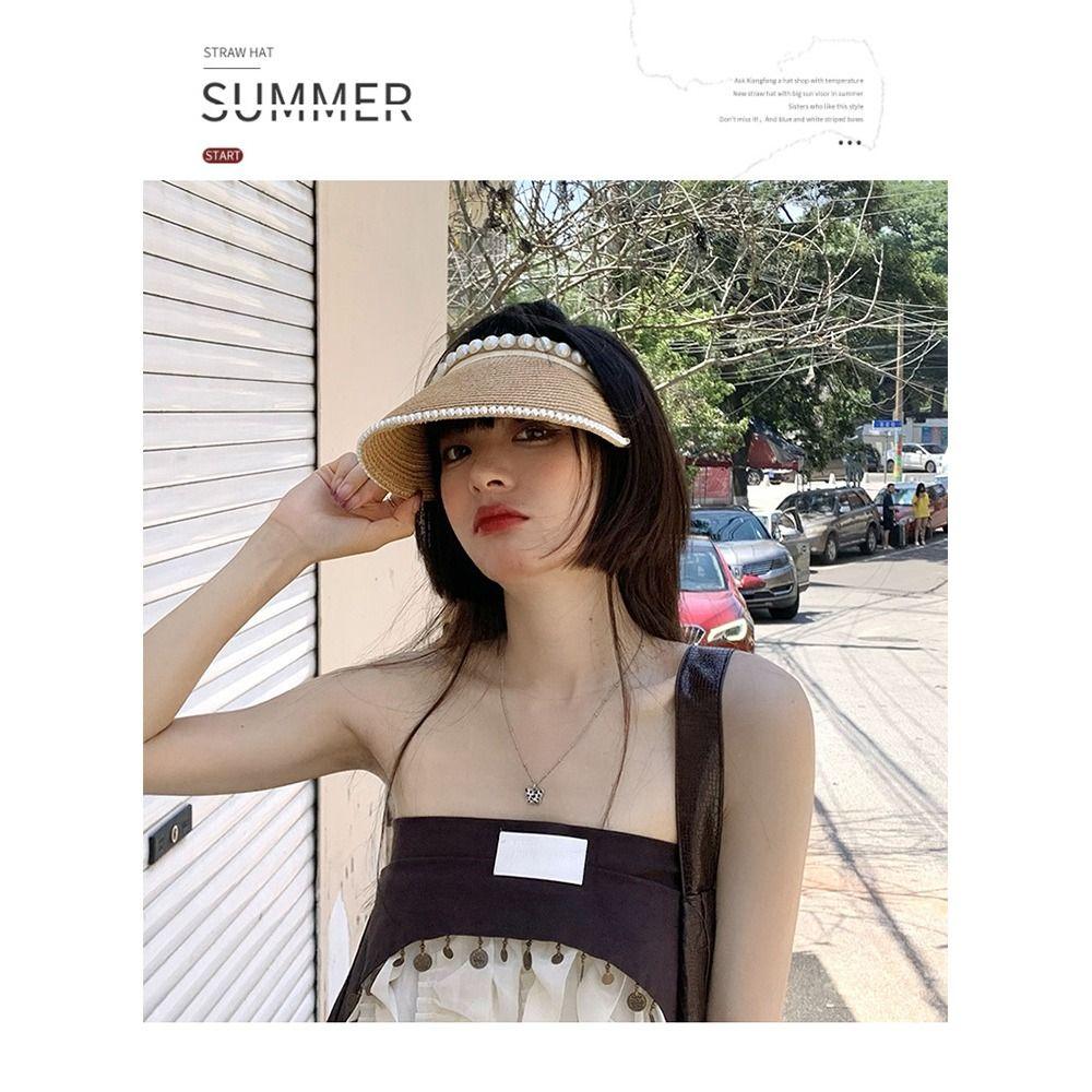 Wide Brim Sun Hat Pearl Decorated Straw Hat Imitation Pearl Beach Hat  UV Protection