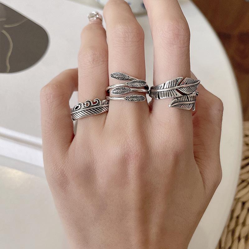 Retro 925 Silver Open Feather Ring - Exaggerated Non-Fading Hip Hop Jewelry for Men & Women