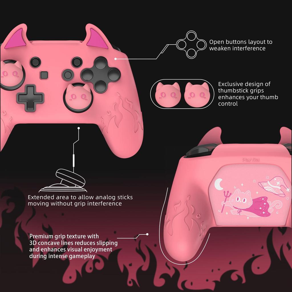 PlayVital Cute Demon Silicone Grip Cover for Nintendo Switch Pro Joystick Cap and Stickers Included Controller, [Pink]
