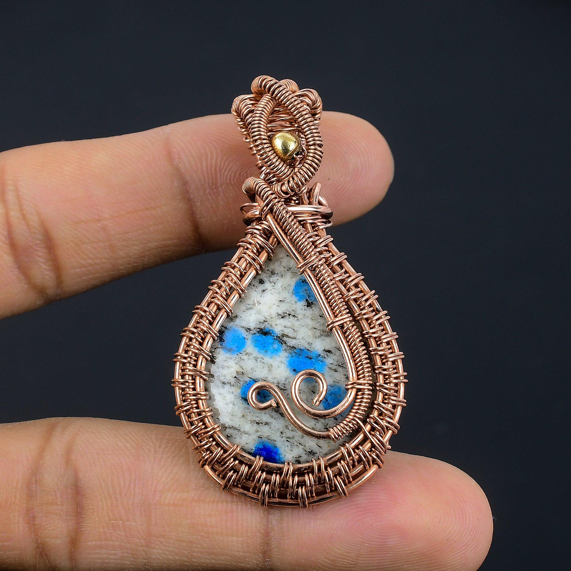 

K2 Azurite Pendant, 999 Copper Wire Wrapped Gemstone Jewelry, Handmade Pendant, For Thanksgiving 2.55 Inches